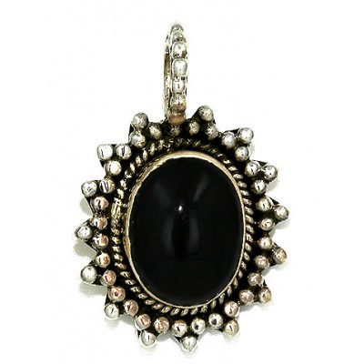 Sterling Silver Pdng Oval Genuine Onyx with Beads Around
