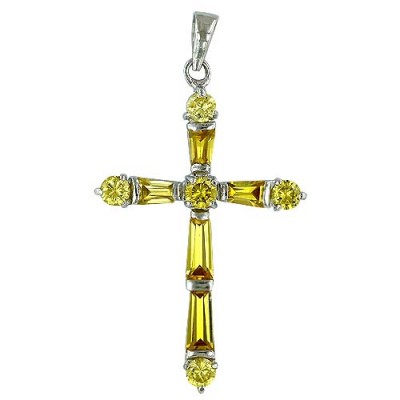 Sterling Silver Pendant Cross Bagutt Citrine Cubic Zirconia