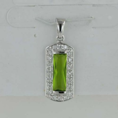 Sterling Silver Pendant Emerald Peridot Cubic Zirconia 6X15mm Pave Clear Cubic Zirconia