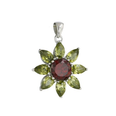 Sterling Silver Pendant 8 Olivine Cubic Zirconia Tear Drop Petals Flower with Garnet Cubic Zirconia Ctr