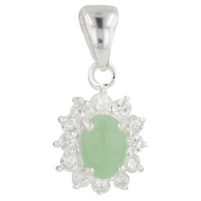Sterling Silver Pendant Oval Green Jade with Clear Cubic Zirconia Around