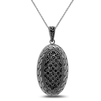 Marcasite Pendant Long Oval Pave Marcasite Ctr with Rope Sided
