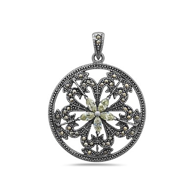 Marcasite Pendant 28mm Round with Light Per.Cubic Zirconia Marquis Flower