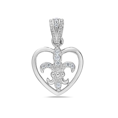 Sterling Silver Pendant 18mm Open Heart with Clear Cubic Zirconia Fleur De Lis