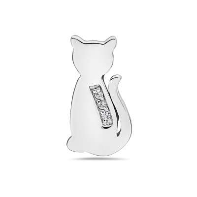 Sterling Silver Pendant Pussy Cat with Clear Cubic Zirconia--Rhodium Plating/Nickle Free--