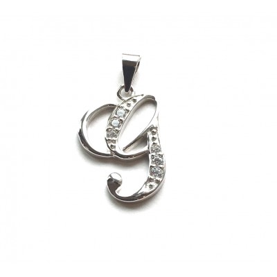 Sterling Silver Pendant Initial G Script Clear Cubic Zirconia