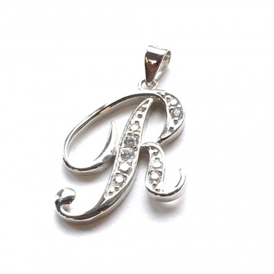 Sterling Silver Pendant Initial R Script Clear Cubic Zirconia