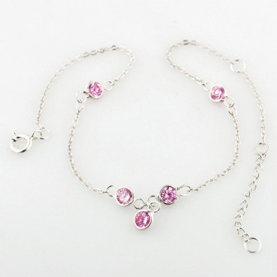Sterling Silver Anklet Round Pink Cubic Zirconia Bezel