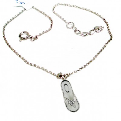 Sterling Silver Anklet 9.75" White Enamel Slipper with Oval Heel