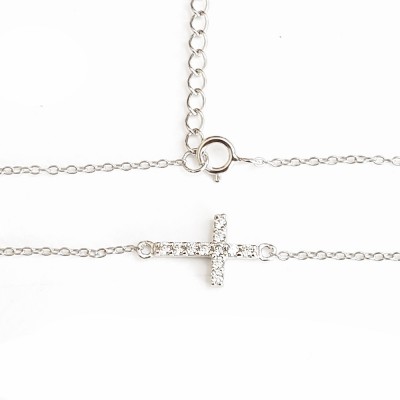 Sterling Silver Anklet Sideway Clear Cubic Zirconia Cross on 9"+2" Chain
