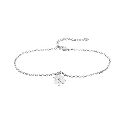 Sterling Silver Anklet Clover Charm 1 Clear Cubic Zirconia