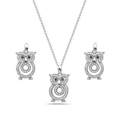Brass Set Necklace Earring Owl Clear Set