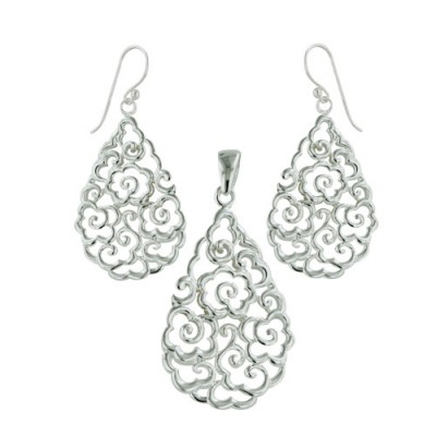 Brass Set Tear Drop Filigree Silver Plate **Ec, Silver
