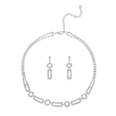Brass with Rhodium Plating Necklace+Earring Set Clear Crystal Double