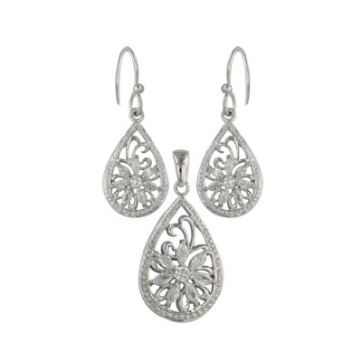 Brass Set Tear Drop Filigree Clear Cz *Rh Plating, Clear