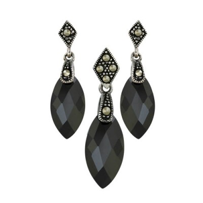 Marcasite Set Black Cubic Zirconia Oval