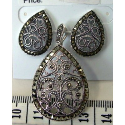 Marcasite Earring Filigree Open Tear Drop with Square Cut