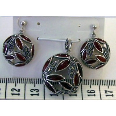 Marcasite Set Carnelien+Marcasite Flower Open Round -Special