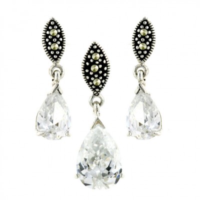 Marcasite Pendant 14X9mm+Earring 11X7mm Clear Cubic Zirconia Tear Drop with Pave Marcasite
