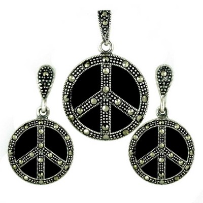Marcasite Pendant (W=22M) +Earg (W=15mm) Sets Peace Symbol with O
