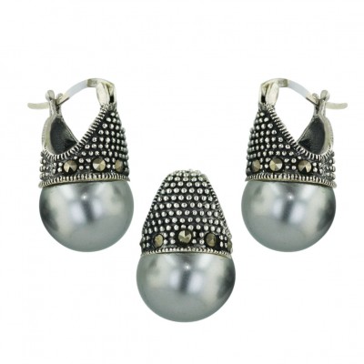 Marcasite Set 12mm Gray Faux Pearl Latch Hoop