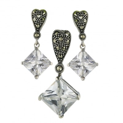 Marcasite Pdnt17X17mm+Earring 13X13mm Clear Cubic Zirconia Rhombus Princess