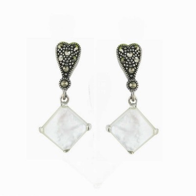Marcasite Earring Dangle 13X13Mm White Mother Of Pearl Rhombus