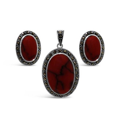 MARCASITE PENDANT 25X16MM+EARG 16X10MM RED CORAL OVAL