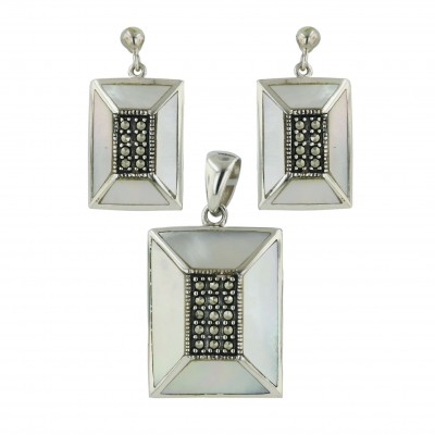 Marcasite Pendant 23X18mm+Earring 18X13mm White Mother of Pearl Square with Marcasite
