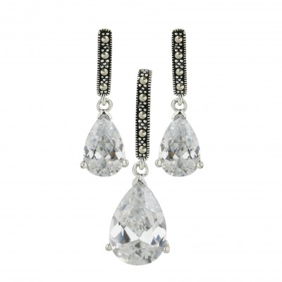 Marcasite Pendant 17X11mm+Earring 13X8mm Clear Cubic Zirconia Tear Drop Dangle with