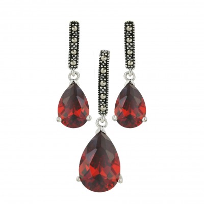 Marcasite Pendant 17X11mm+Earring 13X8mm Garnet Cubic Zirconia Tear Drop Dangle with