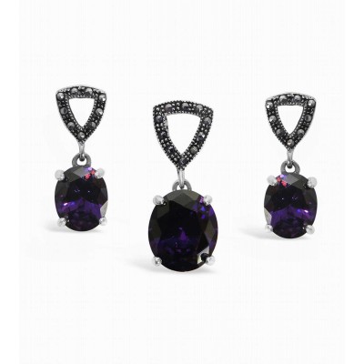 Marcasite Pendant 12X10Mm+Earring Set Amethyst Cubic Zirconia Oval Dr