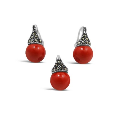 MARCASITE SET 10MM LATCH RED SYNTHETIC CORAL