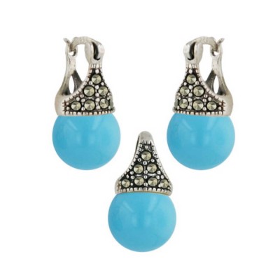 Marcasite Set 10mm Latch Faux Turquoise Ball (Open Marquis Cutou