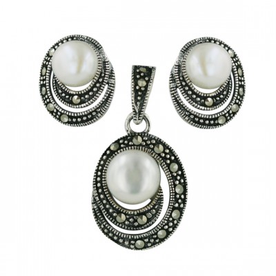 Marcasite Pendant 7.5mm+Earring 6.5mm White Fresh Water Pearl with Pave Marcasite Swirl