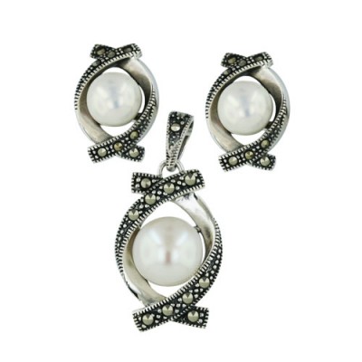 Marcasite Pendant 10mm+Earring 8mm White Fresh Water Pearl with Pave Marcasite Wrapped