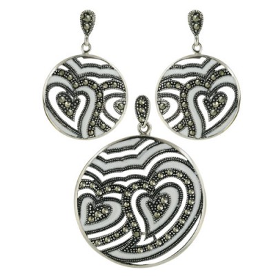 Marcasite Pendant 41X32mm+Earring 32X21mm White Round Opaque Ep
