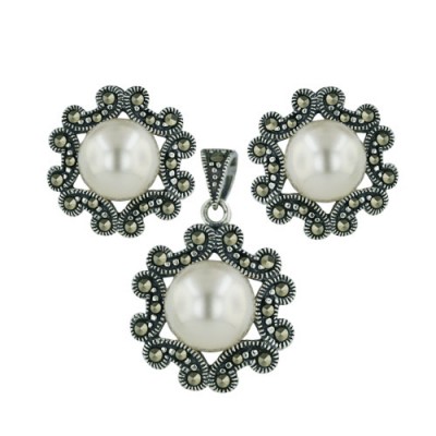 Marcasite Set 10mm White Faux Pearl with Marcasite Flower
