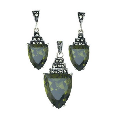 Marcasite Set Graduallyl Marcasite Bar Steps+Trillion Olivine Cubic Zirconia