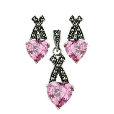 Marcasite Set Pink Cubic Zirconia Heart with Pave Marcasite "X" Top