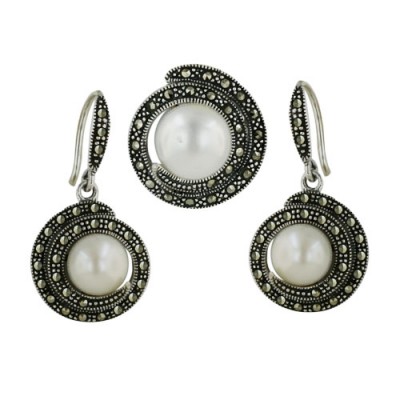 Marcasite Set White Freshwater Pearl with Pave Marcasite Swirl+Oxid