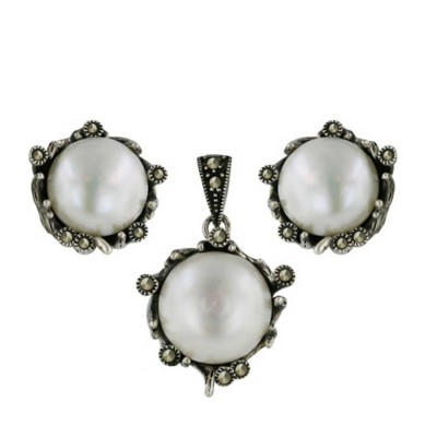 Marcasite Set Earring+Pendant 13-13mm Fresh Water Pearl with Marcasite Around