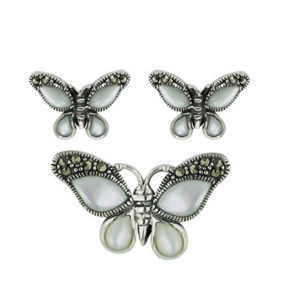 Marcasite Set Earring+Pendant Butterfly with Mother of Pearl