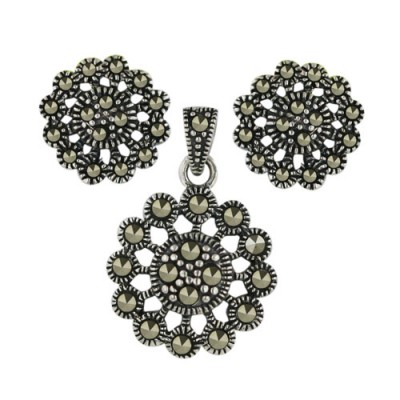 Marcasite Set Earring+Pendant Open Flower with Round Marcasite Cen