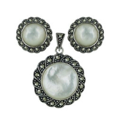 Marcasite Set Earring+Pendant Round White Mother of Pearl with Marcasite Aroun