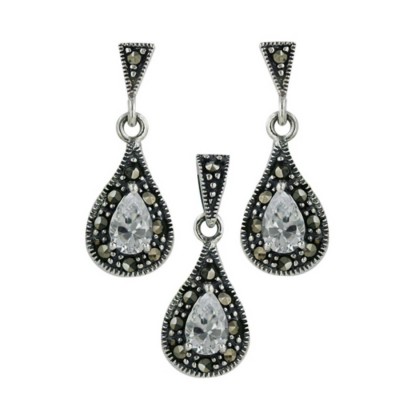 Marcasite Set Earring+Pendant Triangular Post with Marcasite Tear Drop+Clear T