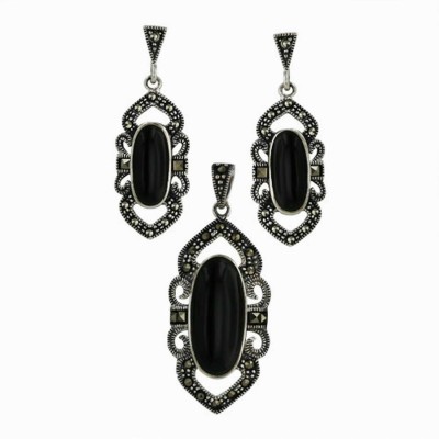 Marcasite Set Earring+Pendant Triangular Post with Open Marcasite+Oval Be