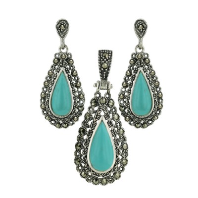 Marcasite Set 7X15 Pdnt6X12 Teardrop Turquoise Marcasite Filgree Around