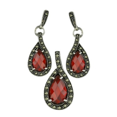 Marcasite Set 10X15mm 12X7mm Tearfrop Garnet Cubic Zirconia Marcasite Around