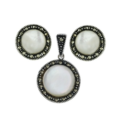 Marcasite Set 8mm 10mm Mother of Pearl Round Dish Marcasite Around